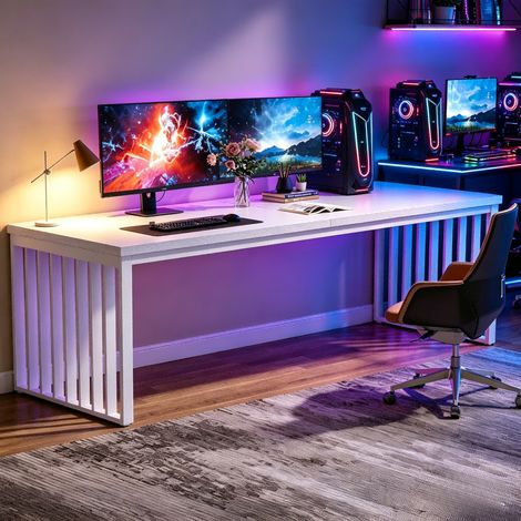 Bureau Gaming - Grand bureau d'ordinateur Gamer,Pour Chambre, Salle de jeux - Bureau Gamer 180x76x60 cm -Blanc