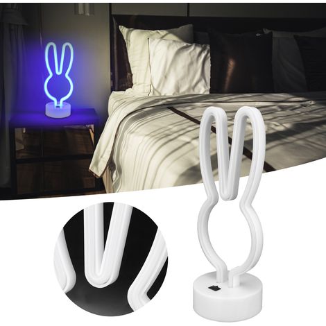 Lampe néon LED en forme de lapin, avec socle, alimentation USB/piles, bleue (1/5)
