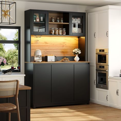 Küchenbuffet Hoch mit Regalen, Acryltüren, LED und Müllfach, Schwarz, 120 × 40 × 180 cm