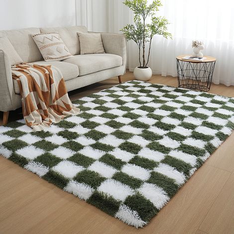 Flauschiger Wohnzimmerteppich, Bettvorleger, weicher Langflorteppich für Schlafzimmer oder Sofa, Plüsch, 160 x 230 cm, Weiß und Grün (1/5)