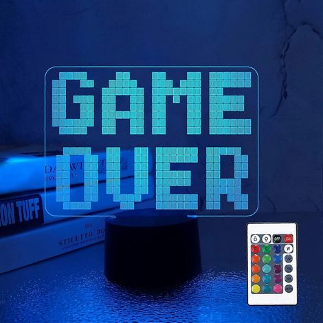 Lampe de nuit LED Pixel Game Over 8 bits, illusion 3D, 16 couleurs changeantes avec télécommande, idéale pour la chambre d'enfant ou la salle de jeux vidéo. Cadeau parfait pour les gamers.