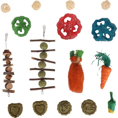 Jouets à mâcher lapin suspendus, boule d'herbe en bois, ficelle luffa carotte, petit Animal, jouet pour Chinchillas, cochons d'inde, Hamsters (1/5)