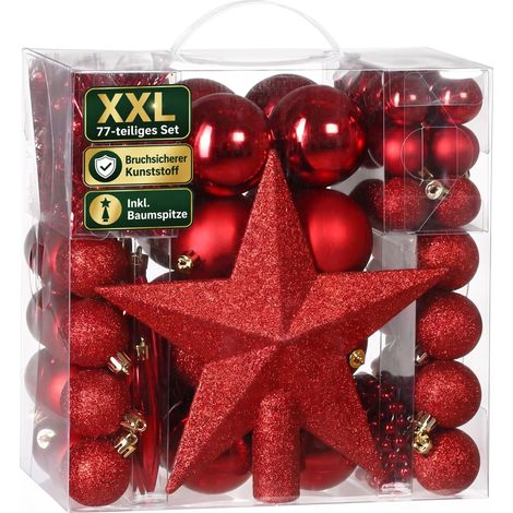 CASARIA® Weihnachtskugeln 77er Set Kugeln Girlande Weihnachtsstern Kette Christbaumkugeln Weihnachtsbaumkugeln rot (1/5)