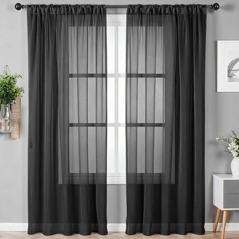 Lot de 2 Panneaux Rideau Passant Tringle 142 200cmRideaux Voilages Blanc Rideau Courts Semi-Trparent Intérieurs STORE DE FENETRE (1/5)