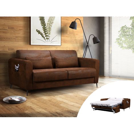Lisa Design – Canapé convertible 3 places express – Couchage quotidien 196x143 cm – Matelas 12 cm en mousse – Microfibre marron – Rangement intégré (1/5)