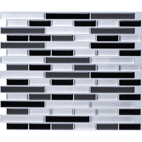 Papel pintado autoadhesivo para azulejos de plata cepillada de 28 x 24 cm, estilo mosaico, impermeable, para azulejos de baño y cocina. (1/4)