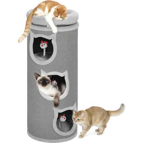 Griffoir en forme de tonneau, 96 cm, arbre à chat à 4 niveaux avec couchage lavable, 3 niches, jouets suspendus, pour plusieurs chats, gris