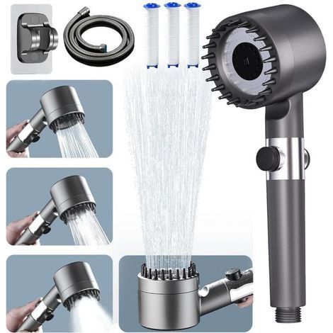 High Pressure Shower Head, Water Saving Shower Head with 1.5M Shower Hose and Holder, 4 Modes Adjustable Bathroom, Anti Limescale Shower Head Water Stop Button (1/4)