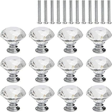 12 Pcs Bouton de Meuble Cristal, Poignée Bouton de Porte Placard Meuble Tiroir, Diamant de Verre Cristal Transparent, Base en Argent (1/5)