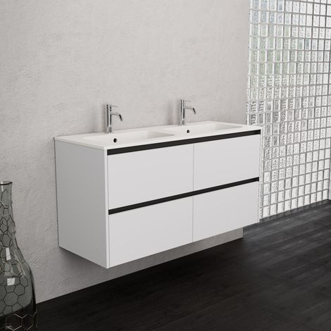 Inda - Badezimmerschrank 4 Schubladen B.120 mit Doppelwaschbecken matt / Mattweiß - Smeraldo (1/5)