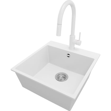 PRIMAGRAN Evier Cuisine en Granit 48x50cm, Lavabo 1 bac + Robinet 40x20cm + Kit de Vidage, Évier à Encastrer au meuble 50cm - Riga, Blanc (1/5)