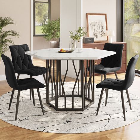 Conjunto de comedor con mesa hexagonal MDF efecto mármol blanco y acero negro, 115,5x100x75 cm, con 4 sillas de terciopelo (1/5)