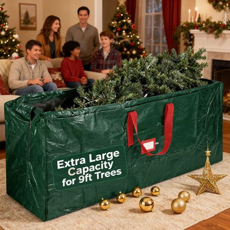 Sac de rangement pour sapin de Noël Vert - 165 x 38 x 76 cm, sac valise tissé en PE, poche extérieure imperméable, sac de rangement polyvalent pour déménagement et utilisation en extérieur (1/4)