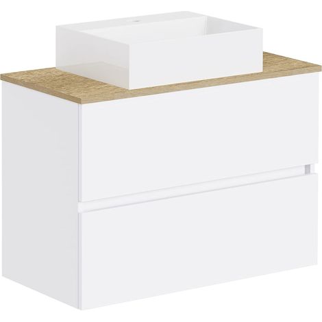 Ensemble de Salle de Bain Natura. Meuble de Salle de Bain à Fond réduit, avec lavabo en céramique sur Le comptoir, Meuble Suspendu, Meuble monté, Deux tiroirs sans Miroir 80 cm, Fond de 39 cm (1/5)