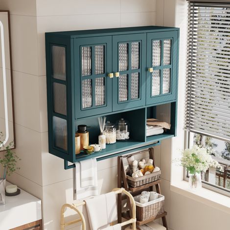 REDOM - Mobiletto a muro 88x26x82,5 cm, stile minimalista, vani a giorno e chiusi, vetro temperato, MDF, verde scuro (1/5)