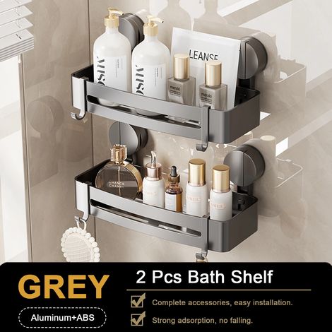 (B 2 pièces grises) Étagère de salle de bain murale pour douche, organiseur de flacons de shampoing, étagère d'angle de rangement sans perçage, accessoires de salle de bain (1/5)