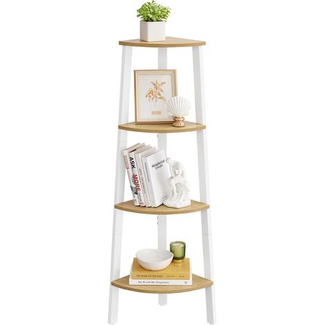 Étagère d'angle, Bibliothèque 4 Niveaux, Étagère Échelle, Meuble de Rangement, Porte-Plante pour Salon, Style Industriel, avec Cadre en Acier, Couleur Chêne Naturel et Blanc Mat (1/5)