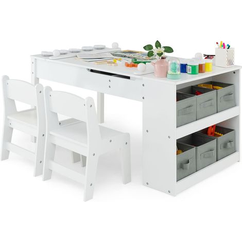COSTWAY 2-in-1 Kids Wooden Art Table and Art Easel Set w/Chairs Storage Bins Paper Roll (1/5)