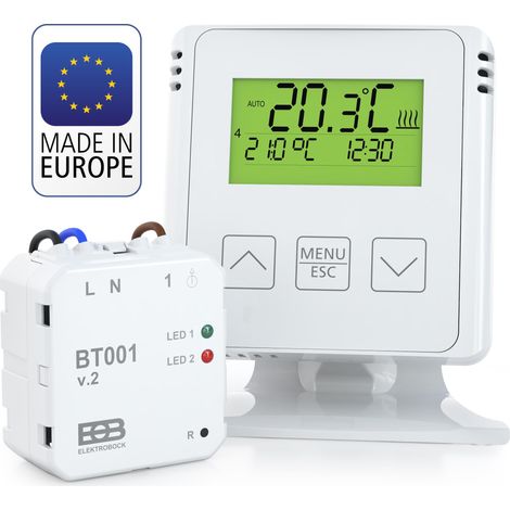 ELEKTROBOCK BT731 Termostato ambiente senza fili con ricevitore - Supporto - Portata fino a 35 m - Per riscaldamento elettrico e a infrarossi - Programmi settimanali e protezione antigelo, Bianco (1/4)