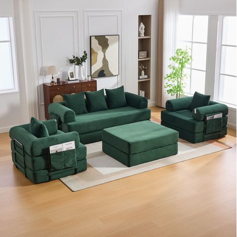 Sofá modular (200x190x67 cm), combinación libre, con bolsillo lateral, 3 cojines, estructura metálica, pana verde esmeralda (1/5)
