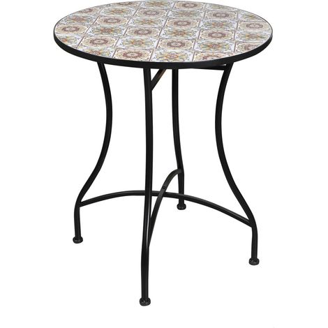 Runder Bistrot-Gartentisch PORTO Kollektion – Dekorative Mosaik – Schwarzes Metall – Ø60xH71 cm