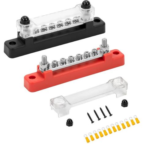 Bardusch-Bloc de Distribution D'alimentation 12V-48V DC Barres de Distribution D'énergie BusBar 150A avec 6 x M4 Boulons de Borne pour Voiture Camion Bateau Rouge Noir 2 Pièces (1/2)