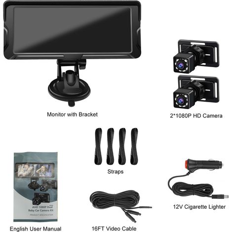 Caméra de voiture pour bébé, moniteur double canal 6,86 pouces 1080P avec Vision nocturne IR et grand Angle de vision de 150 ° pour siège arrière (1/5)