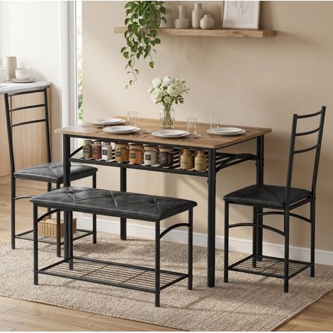 Set pranzo 4 pezzi industriale con tavolo, 2 sedie e panca, sedute in PU marrone (1/5)
