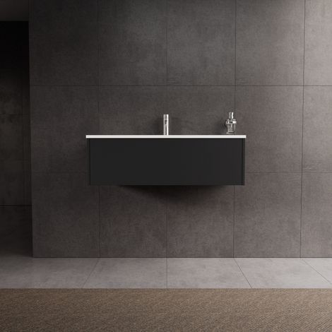 Inda - Badezimmerschrank mit 1 Schublade, L. 100, mit glänzendem Waschbecken / Mattschwarz – diamante