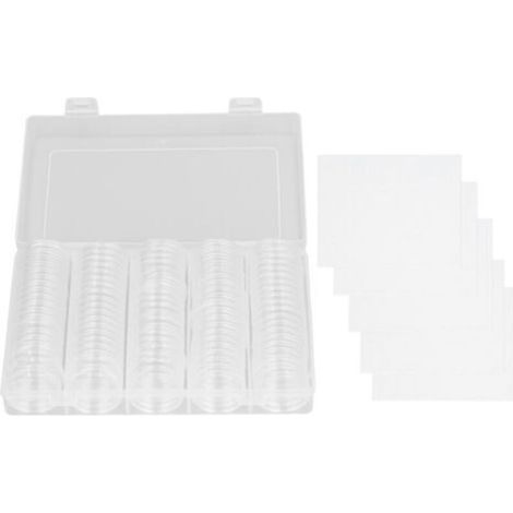 ALLIANDIS100 capsules de protection pour pièces de monnaie de 17 à 30 mm de diamètre, disponibles en 5 tailles, avec une boîte transparente contenant un joint en mousse. (1/4)
