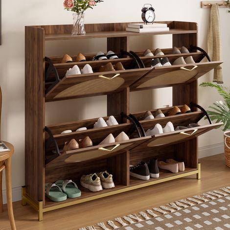 Meuble à chaussures 108.5x24x100 cm - grand rangement - rabattable - 4 portes - mdf - mobilier fonctionnel - gain de place - meuble d’entrée - noyer (1/5)