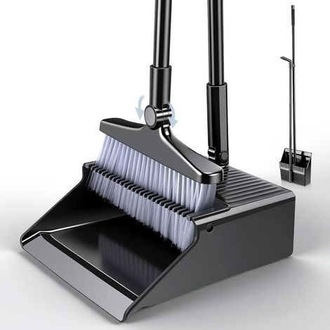 Broom and Dustpan Set, Black Long Handled Dustpan and Brush, Vertical Broom, 180 Degree Rotating Brush, Household Dust Shovel with Comb Teeth for Indoor and Outdoor Use (1/5)