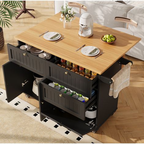 Meuble cuisine îlot de cuisine avec rangement, 133 x 70 x 88 cm, MDF et métal, noir DESVIAE (1/5)