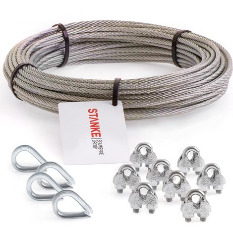 Seilwerk STANKE Rankhilfe Edelstahldrahtseil 50m V4A Edelstahlseil 3mm 7x7, 4x Kausche V4A, 8x Bügelformklemme V4A - SET 2