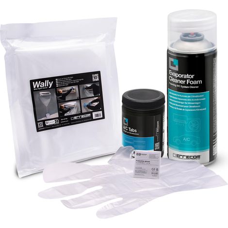 ERRECOM Kit pulizia climatizzatori, include Evaporator Cleaner Foam Pulitore schiumoso climatizzatori, cover protettiva Wally, A/C Tabs 40 pastiglie per climatizzatore ad azione prolungata, guanti (1/5)