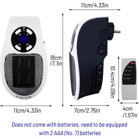 Riscaldatore elettrico da 500 W, mini riscaldatore elettrico con presa FainFun, termoventilatore da parete con telecomando, termoventilatore elettrico da 500 W con 2 velocità dell'aria, termostato (1/4)