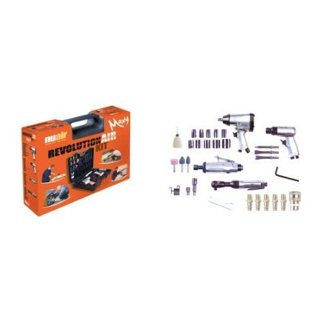 Nuair – Kit compresseur Mecafer RevolutionAir – 4 outils + 30 accessoires – Clé à chocs, meuleuse droite, marteau burin – Garantie 2 ans (1/2)