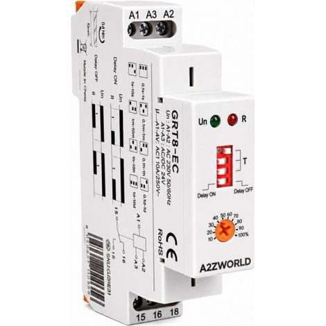Relè Temporizzato Modulare, AC230V e DC/AC 24V 10A, Timer Delay ON o Delay OFF, Ritardo Accensione o Spegnimento, 1 Modulo Barra DIN, Tempo regolabile da 0,1s a 10 giorni