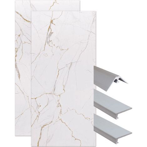 ONDEE ZEN - Pack montage 2 panneaux muraux en angle - marbre blanc 120 cm - profilés chromés (1/4)