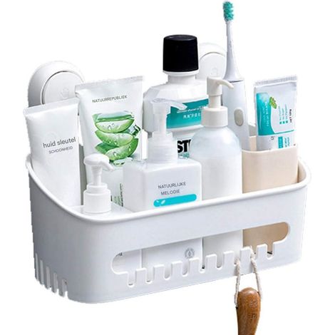 Porte-shampoo - Support Douche à Ventouse - 30,5 x 12 x 21 cm - Avec Evacuation d'Eau et Compartiments de Rangement - En ABS