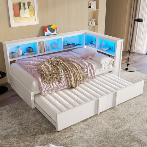 Canapé banquette-lit structure métallique blanc 90x200 cm, lit gigogne, rangements, LED et ports USB intégrés, lit simple (sans Matelas) (1/5)