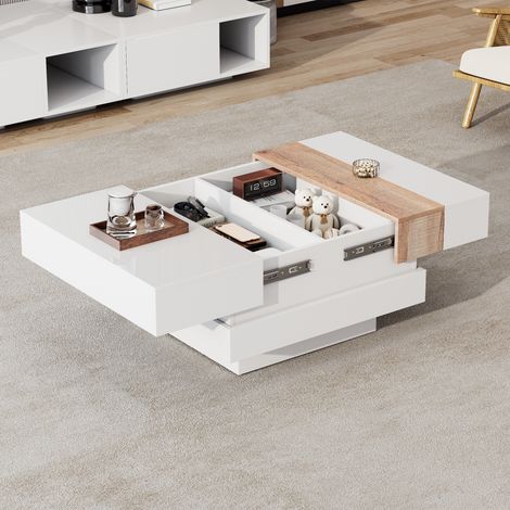DESMIU Table basse carrée avec plateau extensible et 2 compartiments cachés, blanc, 70 × 70 × 39 cm (1/5)