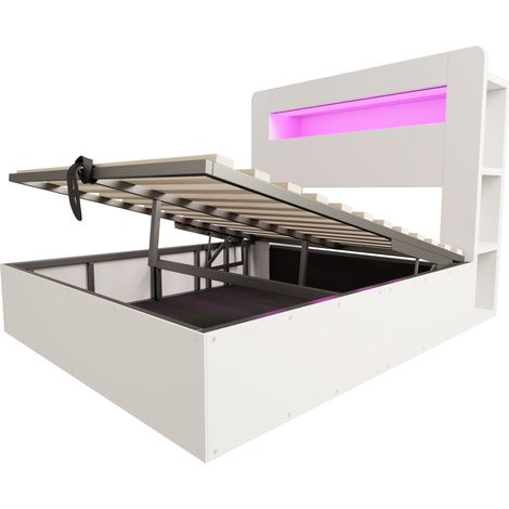 Letto contenitore in legno bianco 140 x 200 cm con sollevamento idraulico, LED e prese (1/5)