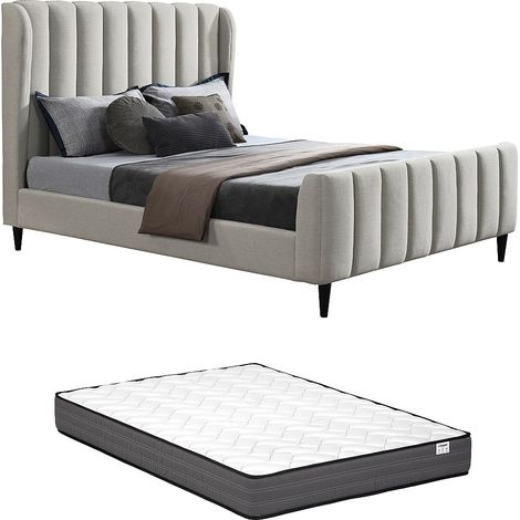 Letto 160 x 200 cm Tessuto con cuciture verticali Grigio + Materasso  - CASAGOTI