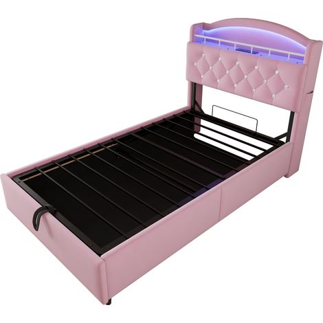 Lit coffre enfant 90 x 200 en velours rose avec LED, USB et port Type-C, cadre de lit rembourré (1/5)
