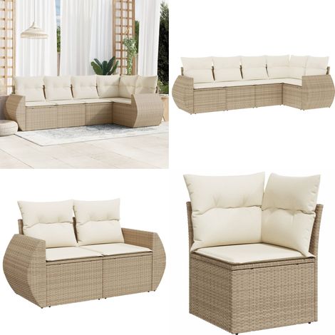5-tlg. Garten-Sofagarnitur mit Kissen Beige Poly Rattan - Gartensortiment - Gartenmöbelset - Lounge Set - Rattan Gartenmöbel - Outdoor Möbel - Home & Living (1/5)