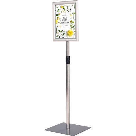 Support de poster robuste set de 2, présentoir au sol rotatif 360°, hauteur réglable 74-118 cm, base lestée, panneau d'affichage argent (1/4)