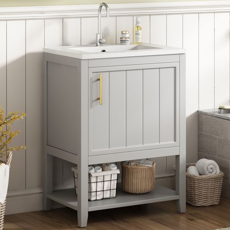 Meuble de salle de bain, lavabo simple avec cuvette en céramique, meuble sous‑lavabo de 60 cm doté d’un espace de rangement et d’étagères, couleur gris clair.