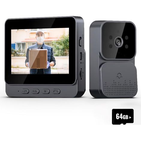 Visiophone, 4.3 pouces Vidéo Interphone Visiophone Portier sans Fil, caméra de sonnette avec moniteur, Détection Humaine, Audio Bidirectionnel, La Fonction de Vision Nocturne+ 64G carte mémoire