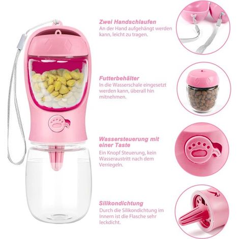 Botella de agua de viaje para perros,Botella de agua a prueba de fugas de 350 ml para perros con 1 recipiente para comida,227.67.6cm,Rosa (1/5)